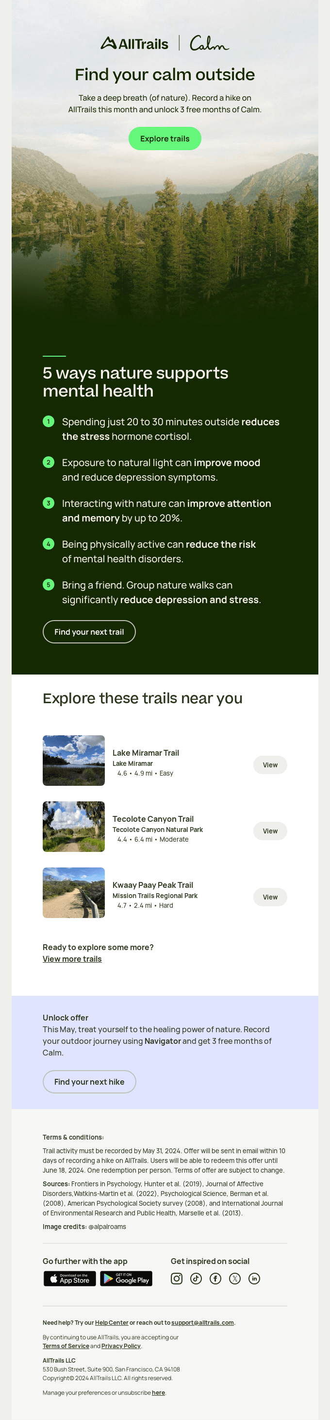 AllTrails’ email emphasizing the positive impact of participating in outdoor activities on mental health